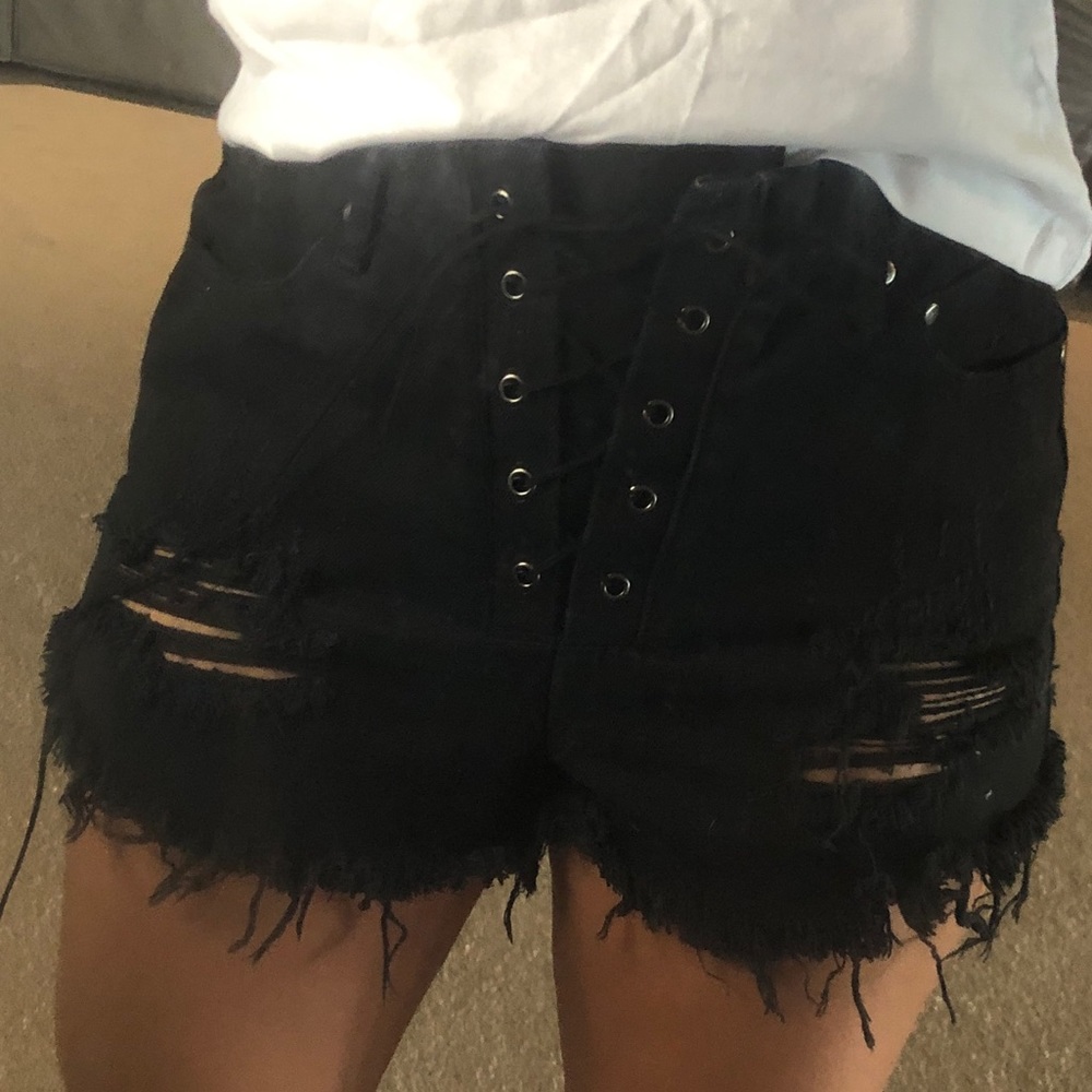 Black Distressed Tie Up Denim Shorts